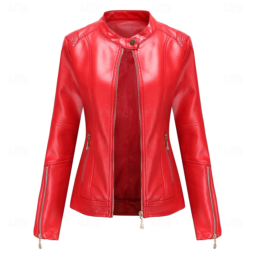 Women's Faux Leather Jacket Comfortable Pocket Full Zip Fashion Street Style Plain Outdoor Casual Daily Regular Stand Collar Regular Fit Long Sleeve Outerwear Red Green Beige Fall Winter 2025 - $41.99 –P10