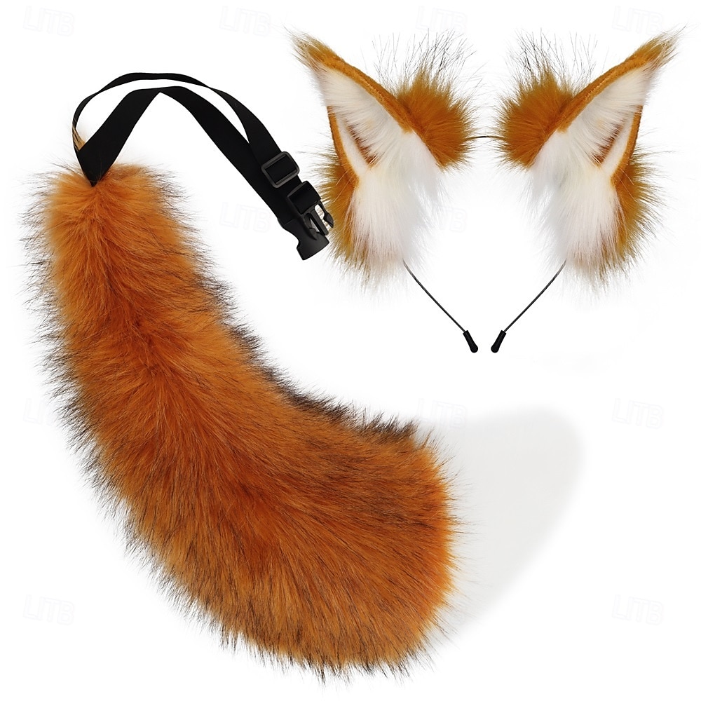 Set di orecchie di volpe pelose, fascia per capelli e coda – orecchie e coda di animali realistici, accessori per cosplay per Halloween, feste, convention e spettacoli del 2025 a $41.99 –P6