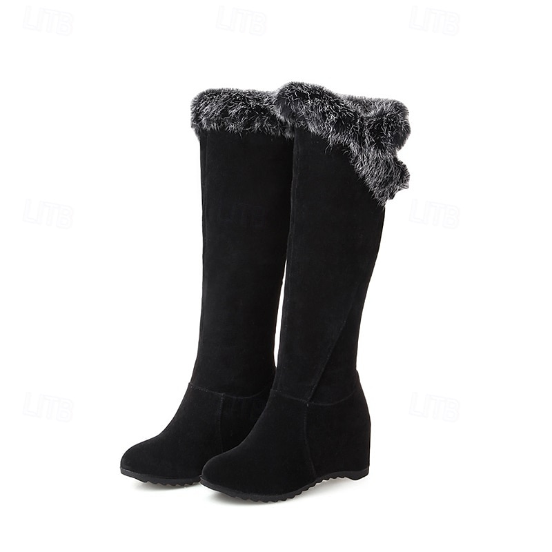 Botas altas hasta la rodilla de ante rojo para mujer con ribete de piel sintética y tacón de cuña: botas cálidas de moda invernal para uso casual y al aire libre. 2025 - $59.99 –P6