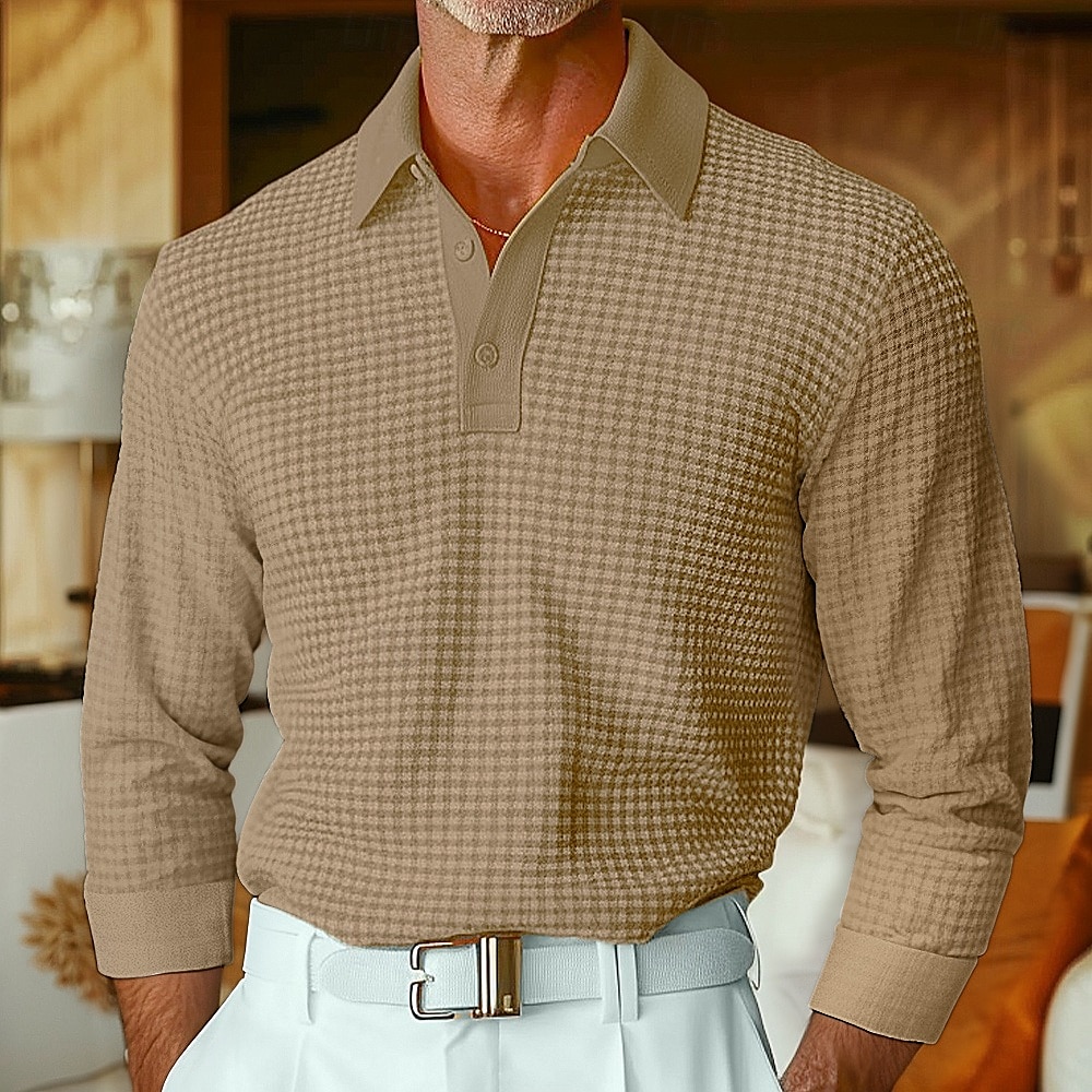Homens Camisas Polo Waffle Camisa de golfe Rua Casual Lapela Manga Longa Básico Moderno Tecido Textura Botões Primavera Outono Todas as Estações Normal Branco Marron Amarelo Cinzento Camisas Polo de 2025 por $28.99 –P7