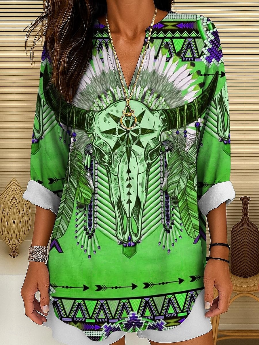Damenshirt Langarm Tunika Tops Grafik Geometrisch Totenkopf Bohemia Vintage Tropisch V-Ausschnitt Regelmäßige Tops Täglicher Urlaub Strandmode Druck Gelb Rot Blau Lila Grün Sommer Frühling 2025 - $24.99 –P6