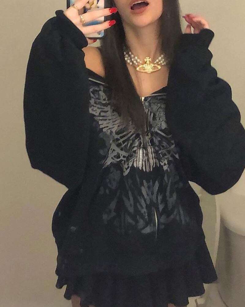Femmes Sweat à capuche Fleuri Mode Streetwear manche longue À capuche Hauts Réguliers Rue Sortir Fermeture éclair Imprimé Noir Automne Hiver de 2025 ? $21.99 –P2