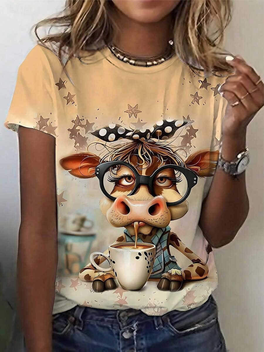 Femmes T-shirt Graphique Animal Vache ancien Élégant Classique Manche Courte Col ras du cou Col rond Hauts Réguliers Quotidien Week-end Imprimé Jaune Été Printemps de 2025 ? $19.99 –P3