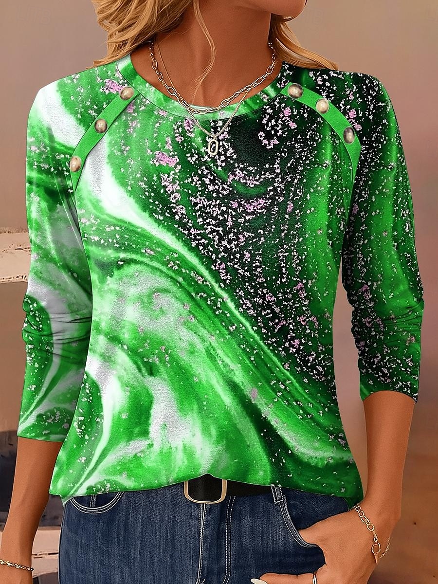 Femmes T-shirt Graphique Géométrique ancien Occasionnel manche longue Col ras du cou Hauts Réguliers Quotidien Boutons Imprimé Vert cendré Bleu Violet Marron Vert Printemps Automne Hiver de 2025 ? $24.99 –P4