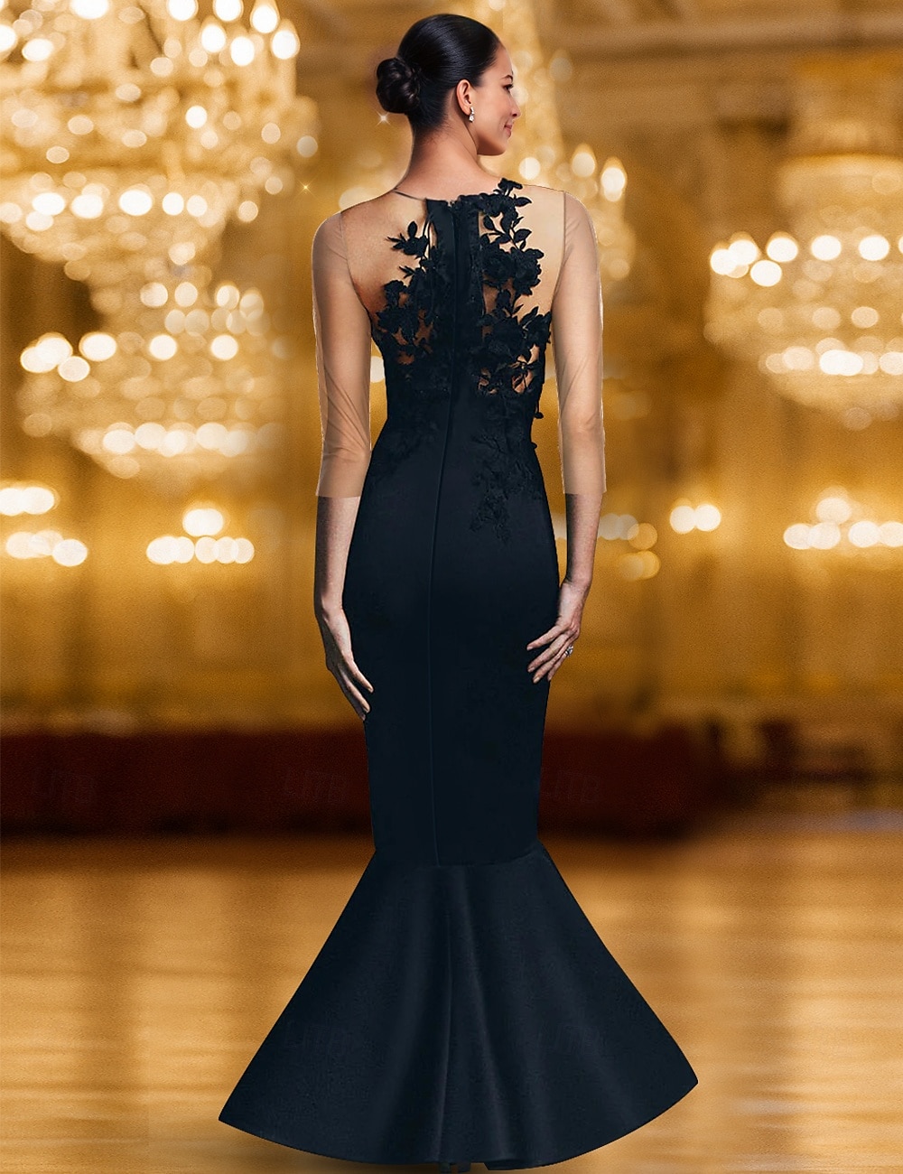 Abito da sera elegante a sirena/tromba con cravatta nera, abito formale da sposa, lungo fino al pavimento, manica lunga, scollo a V, in crêpe elasticizzato con applicazioni, 2025 del 2025 a $147.99 –P2
