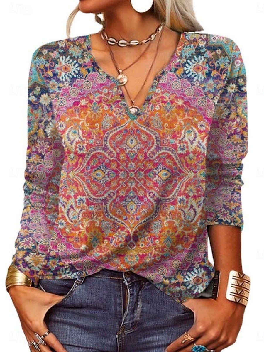 Mulheres Blusa Imprimir Floral Étnico Retro Vintage Manga Longa Decote V Tops regulares Diário Feriado Roxo Verão Primavera Outono de 2026 por $23.99 –P3