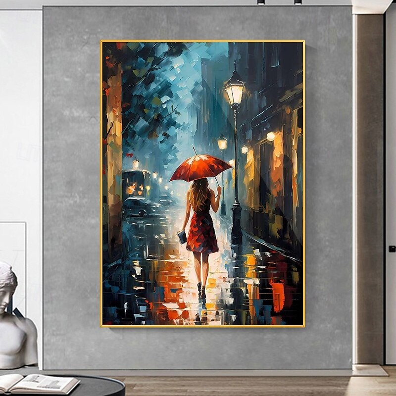 Lienzo pintado a mano de una chica en una ciudad lluviosa, con una chica en la calle bajo un paraguas y una lluvia, decoración abstracta, pared de una chica en la ciudad de Nueva York, arte de pared 2025 - $170.99 –P1
