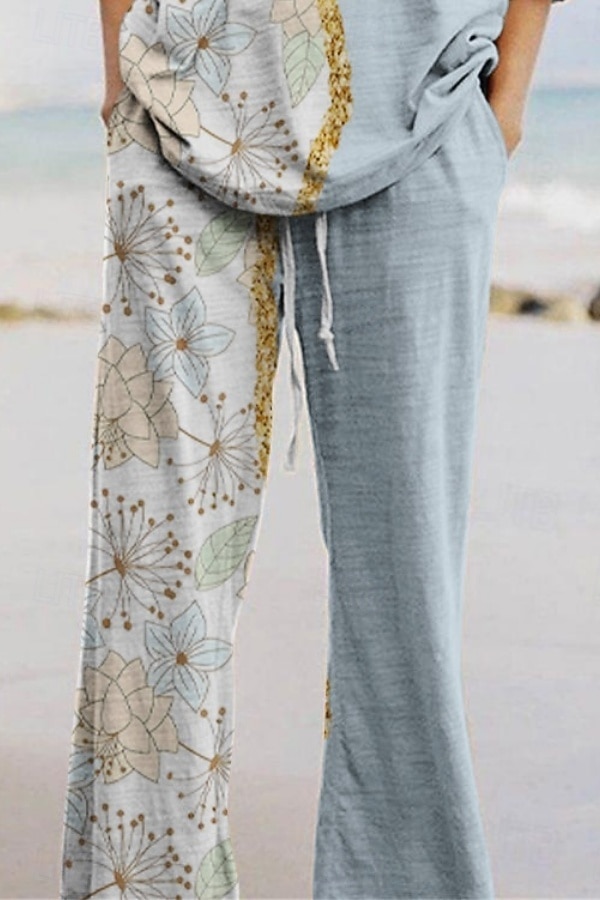 Damen Hosen-Sets Dreiviertelarm Rundhalsausschnitt Blumen Druck Aktiv Mode Täglich Urlaub Ferien Blau Sommer Normale Passform 2026 - $28.99 –P2