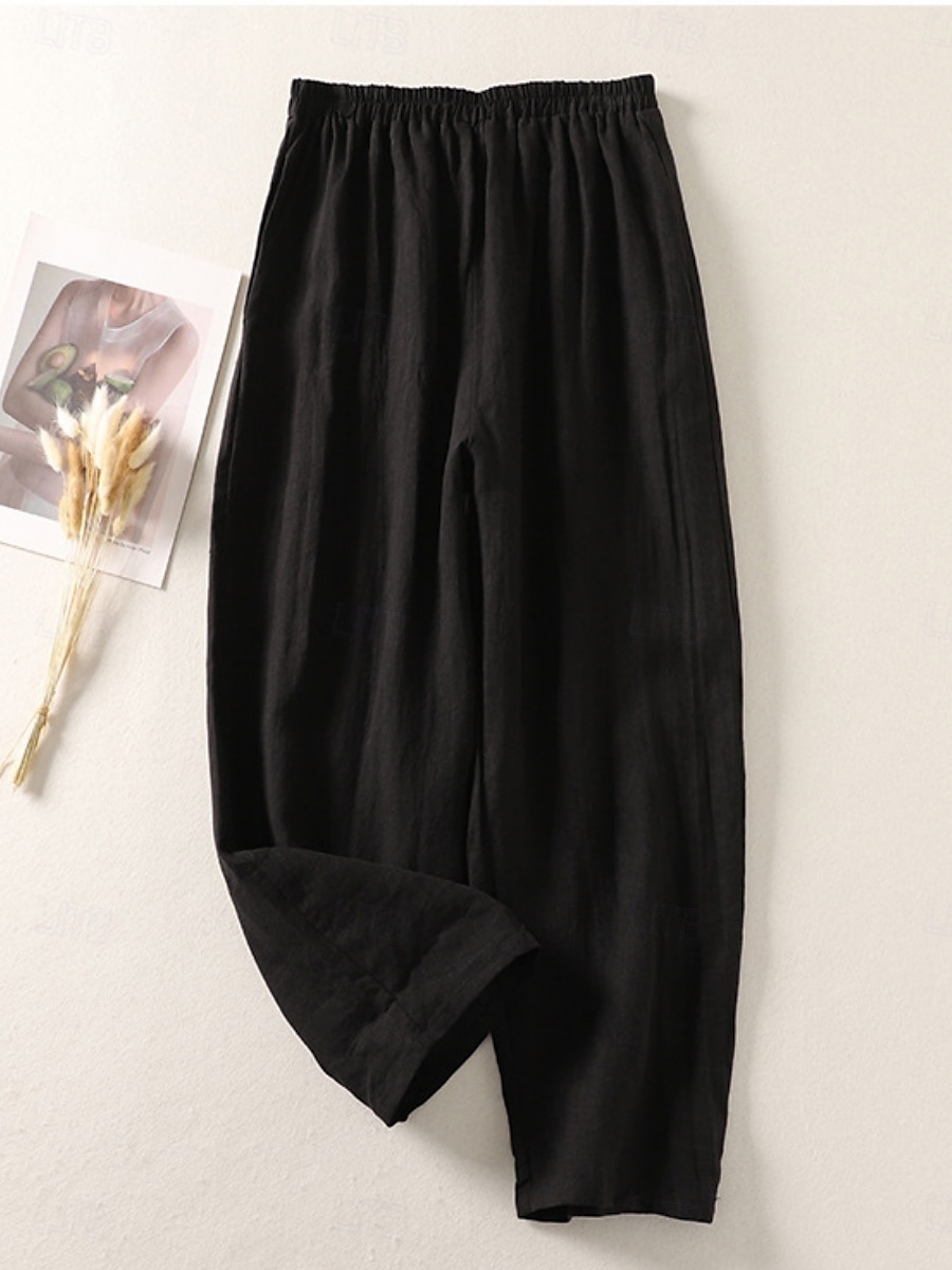 Mulheres Calças de linho de algodão chinês Estilo Étnico Básico Casual Comprimento total Cintura Alta Tecido Bolsos Com Cordão Conforto Exterior Com Stretch Férias Rua Diário Preto Branco fúcsia de 2025 por $39.99 –P5