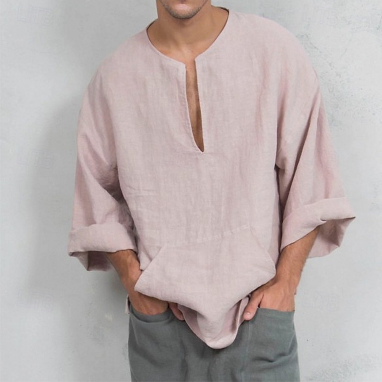 Bărbați Tee Top Tricou din in Manșon Lung Mânecă scurtă În V Vară Primăvară Simplu Modă Designer De Bază Moale Casual Vacanță Stradă Roz Top tricou pentru bărbați 2026 - $21.99 –P1
