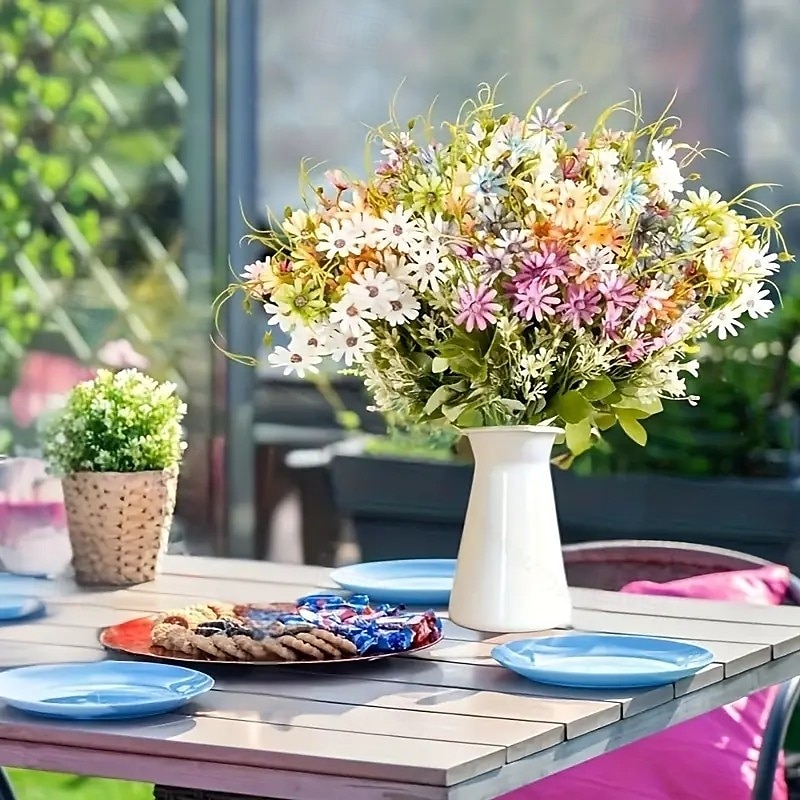 6 bouquet di margherite selvatiche artificiali, fiori di campo artificiali resistenti ai raggi UV per esterni, piante verdi all'ingrosso per decorazioni da vaso, decorazioni primaverili per la casa del 2025 a $23.99 –P5