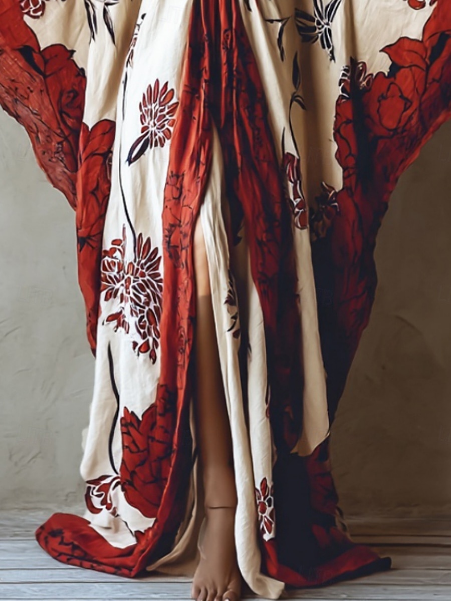 Robe longue pour femme, robe maxi, robe bohème, robe décontractée, robe trapèze, robe d'été, vintage, vacances, quotidien, plage, coupe classique, floral, manches longues, col en V, rouge, été, printemps, automne de 2025 ? $25.99 –P2