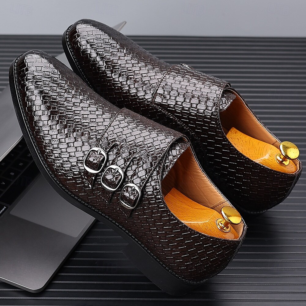 scarpe da uomo con triplo cinturino in similpelle intrecciata e testurizzata – design con fibbia unica per uomini alla moda, banchetti e ricevimenti serali del 2025 a $32.99 –P4
