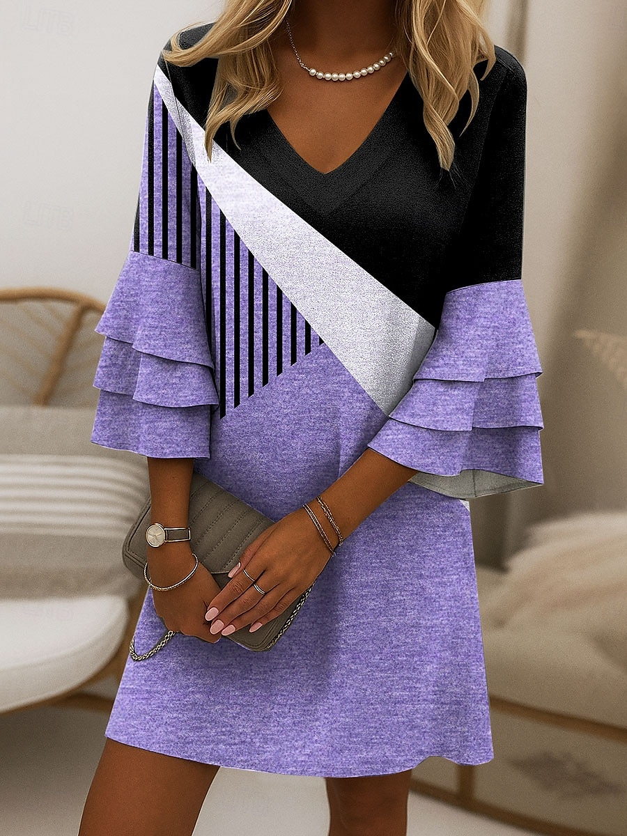 Damen Minikleid Sommerkleid A Linie Kleid Stilvoll Lässig Party Normale Passform Grafik Geometrisch Abstrakt Dreiviertelarm V Ausschnitt Blau Purpur Grün Khaki Sommer Frühling 2025 - $46.99 –P2