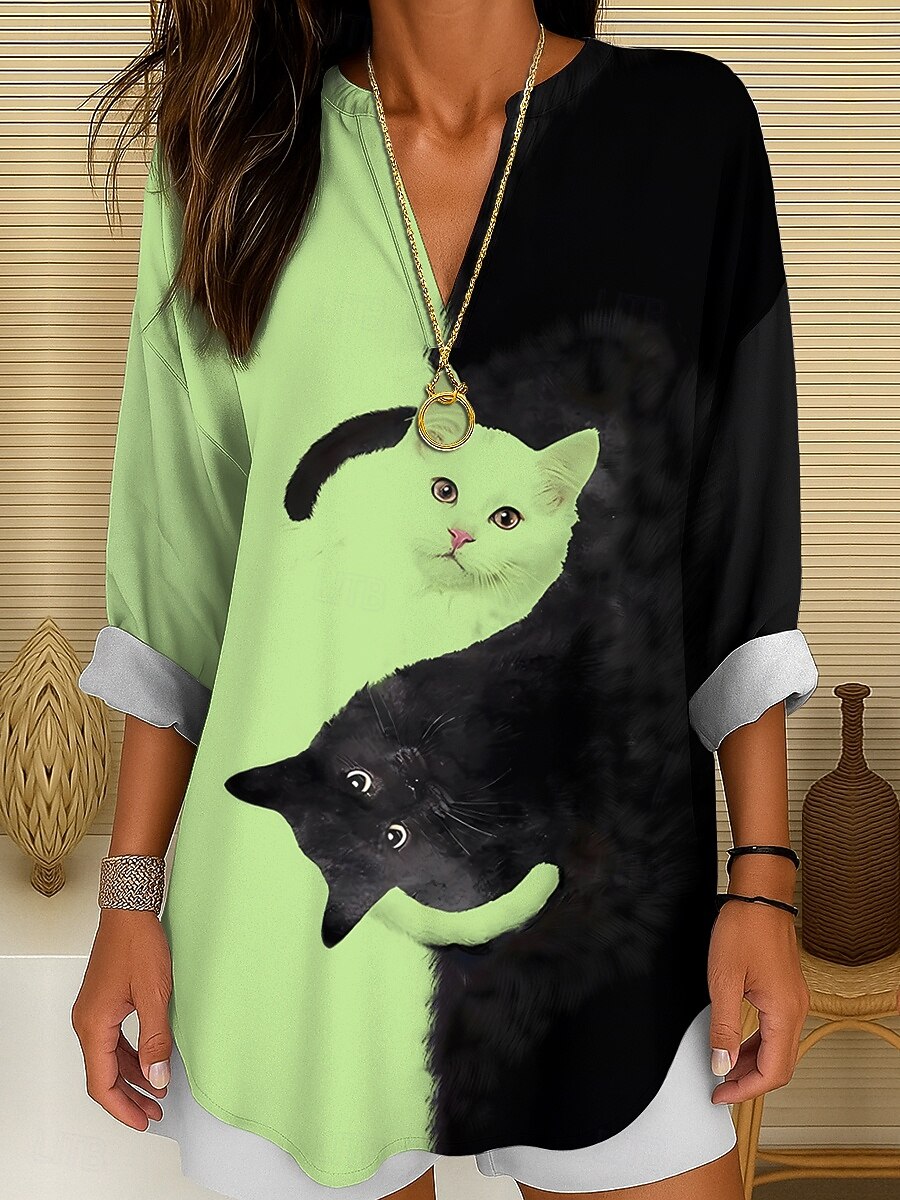 Kvinnes Bluse Tunika V-hals Lange Ermer Boho Casual Sommer Topper Grafisk Dyr Katt Vintage Tropisk Vanlige Topper Daglig Bruk Print Svart Og Hvit Gul Rosa Rød Blå 2025 - $27.99 –P5