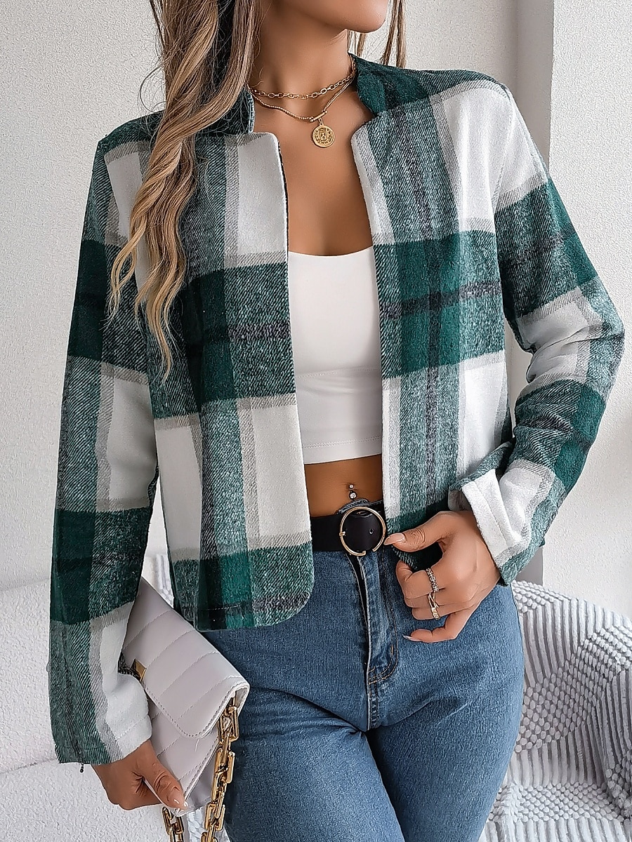 Γυναικεία Casual Jacket Άνετο Αναπνέει Στάμπα Καθημερινό Καρό Διακοπές Δρόμος Καθημερινά Ρούχα Εξόδου Ανοικτό Μπροστά Κοντό Όρθιος Γιακάς Κανονικό Μακρυμάνικο Εξωτερικά ενδύματα 2025 - $32.99 –P7