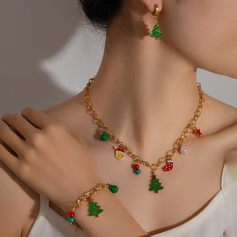 Conjunto de joyas navideñas para mujer: collar, pulsera y pendientes de cadena dorada con colgantes de árbol festivo, Papá Noel y medias, divertidos accesorios navideños para atuendos de fiesta 2025 - GBP £15.25 –P2