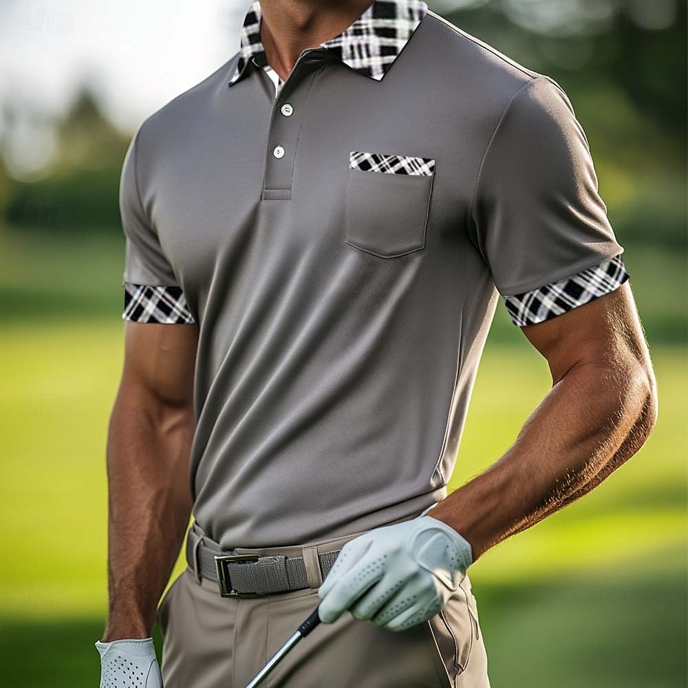 Men's Cotton Blend Polo Shirt Golf Shirt Casual Sports Lapel Short Sleeve Fashion Basic Houndstooth Plaid / Check Patchwork Pocket Summer Spring Slim Fit White Light Blue Orange Khaki Grey Cotton 2026 - $8.99 –P11