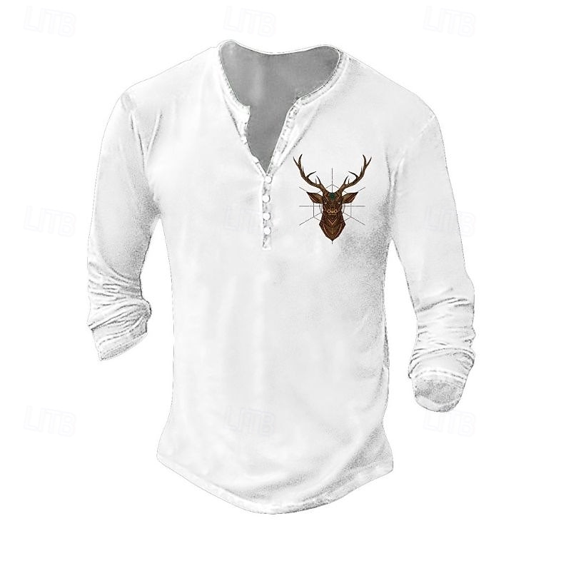Pánské Tričko Henley Trička Tričko Top Tričko s dlouhým rukávem Dlouhý rukáv Henley Léto Podzim Vzor Jelen Módní Designové Móda Retro Dovolená ulice Jdeme ven Tmavě šedá Černá Bílá Top tričko pro muže 2025 - $19.99 –P1