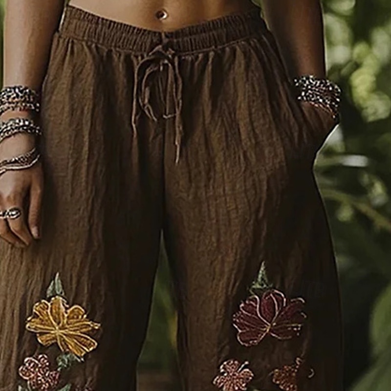 Dam Brett skaft Byxor Palazzo byxor Mode Boho Fullängd Hög midja Blomma Elastisk midja Snörning Mönster Mateial som andas Bekväm Gata Dagliga kläder Utekväll Kaffe Vår Höst Normal 2025 - $20.99 –P2
