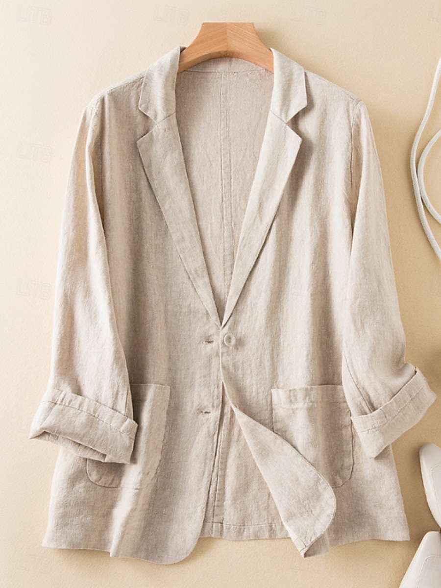 Damen-Blazer aus Baumwollleinen, bequem, atmungsaktiv, Tasche, lässig, einfarbig, fürs Büro, Straße, lässig, Alltagskleidung, einreihig, normal, Umlegekragen, normale Passform, langärmelig, Oberbekleidung, weiß, grün, beige, Sommer 2025 - $31.99 –P10