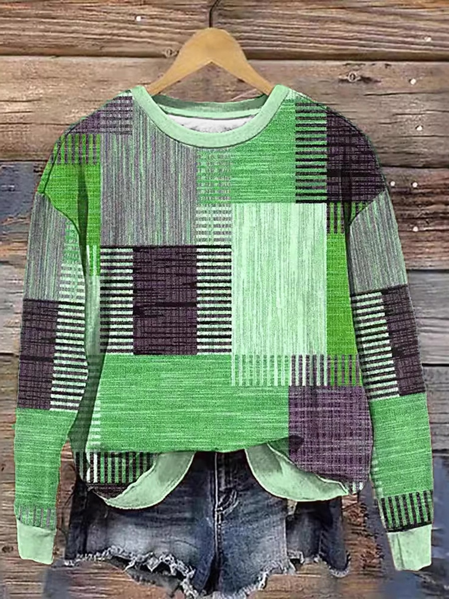 Mulheres Moletom Moletons Gráfico Geométrica Xadrez Moda Casual Manga Longa Gola Redonda Tops regulares Rua Dia a Dia Imprimir Azul Roxo Verde cáqui Primavera Outono Inverno de 2025 por $27.99 –P4