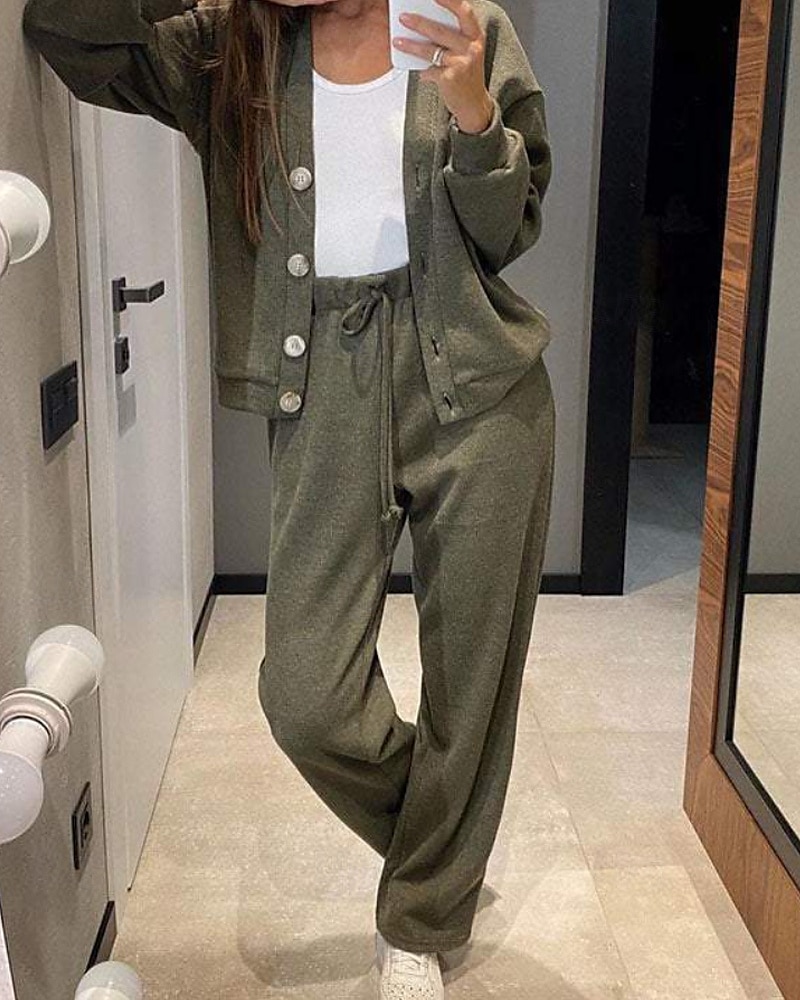 Dames Actief Streetwear Blouse Broeken Sets Lange mouw V-hals Effen Kleur Vakantie Alledaagse kleding Zwart Leger Groen Stoffig blauw Herfst Normale pasvorm 2025 - $24.99 –P2