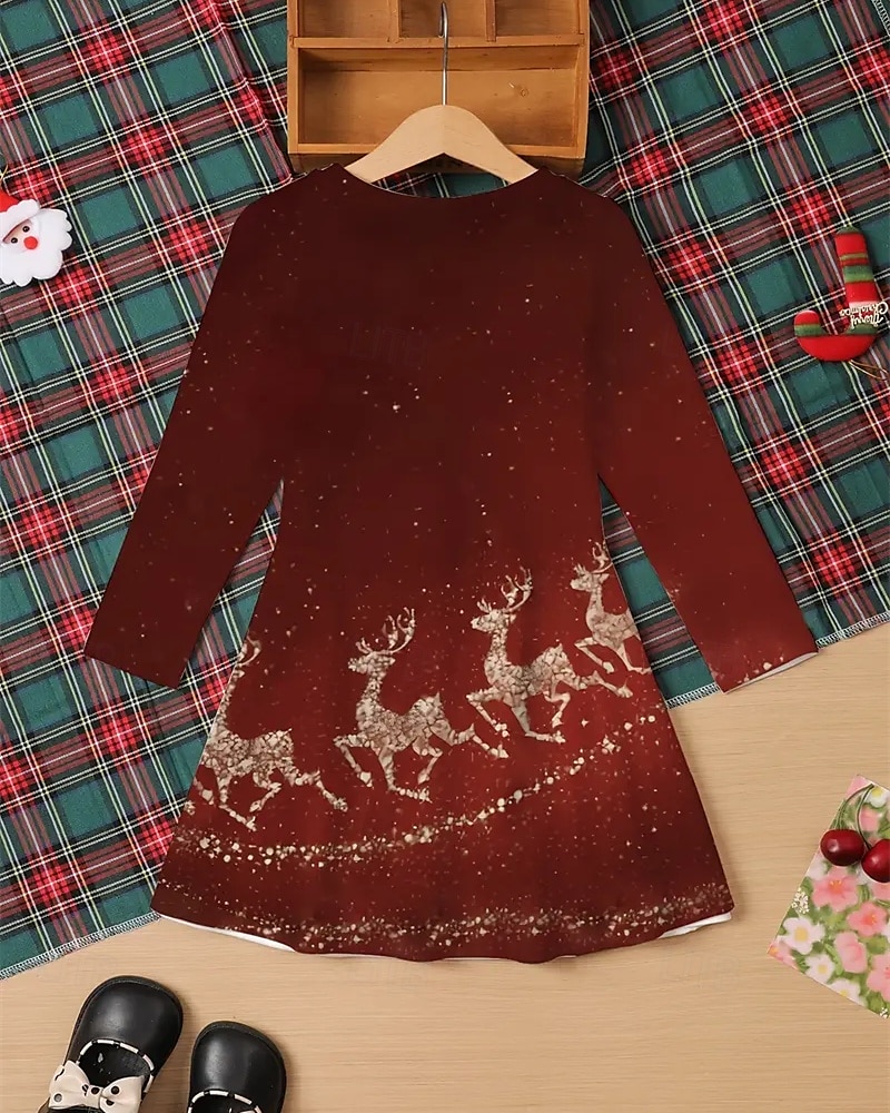 joulu Tyttöjen 3D Hirvi Lumihiutale Mekko Pitkähihainen Kesä Kevät Loma Päivittäin Pyhäpäivä Prinsessa Kaunis Makea Lapset 4-12 vuotta Rento mekko A linjainen mekko Polvipituinen Normaali 2025 - $16.99 –P8