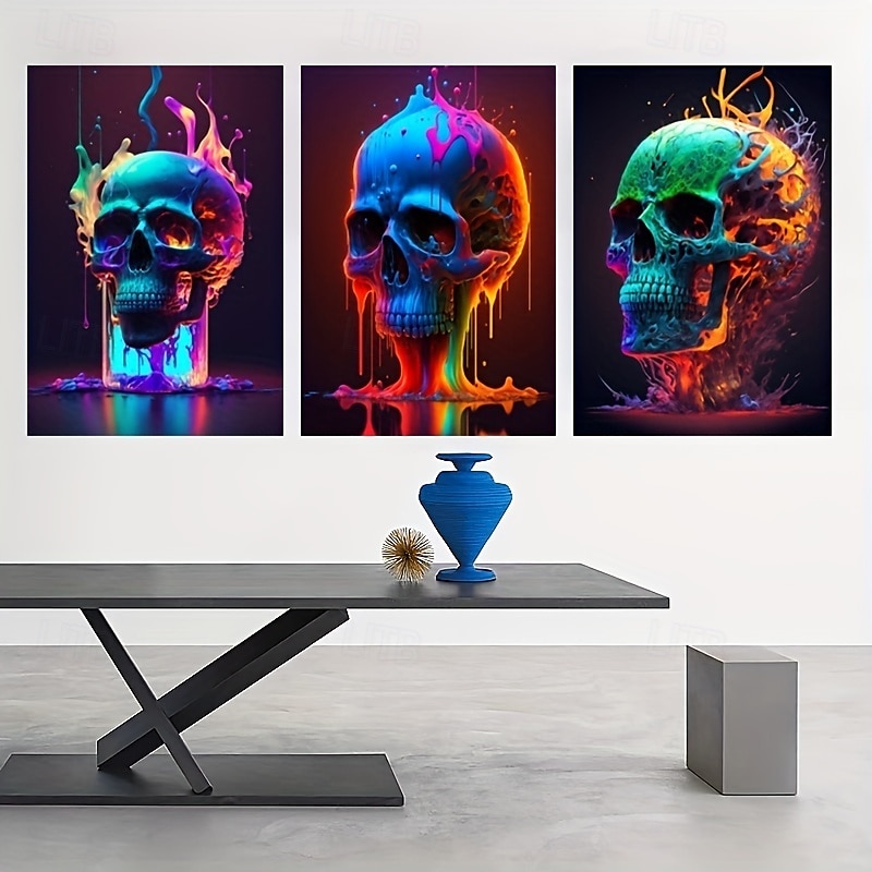 abstrakt neonhodeskallefarge lerretskunst nydelig flammeplakattrykk uinnrammet stue soverom hjemmedekorasjon egnet for halloween 2025 - $13.99 –P8