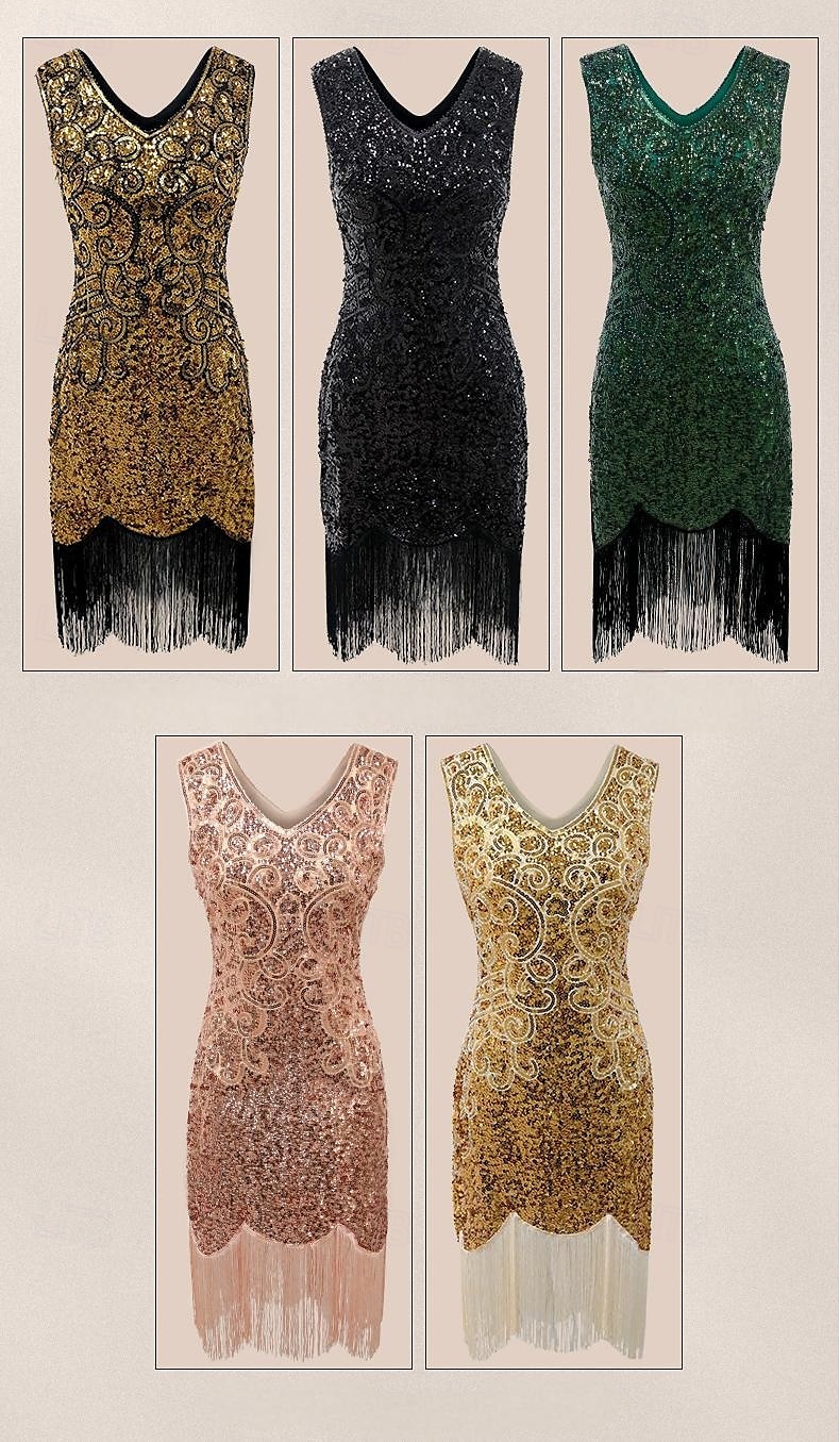 Retro vintage Roaring jaren '20 Jaren 1920 Boven de knie Tot de knie Flapper jurk Cocktailjurk Mouwloos The Great Gatsby Flapper Girl Pailletten Zoom V-hals Kostuum Dames Kerstmis Carnaval Bruiloft 2025 - $41.99 –P1