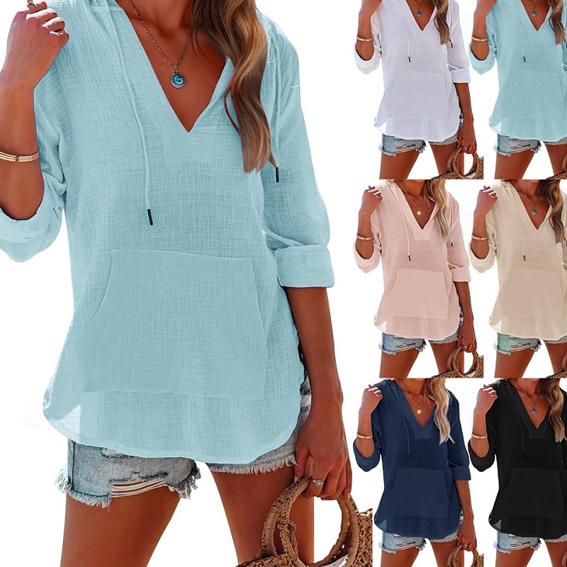 Pentru femei Cămașă Bluză Simplu Modern Casual Manșon Lung În V Topuri obișnuite Zilnic Concediu Buzunar Blush Pink Negru Alb Bleumarin Albastru celest Toamnă 2025 - $21.99 –P1