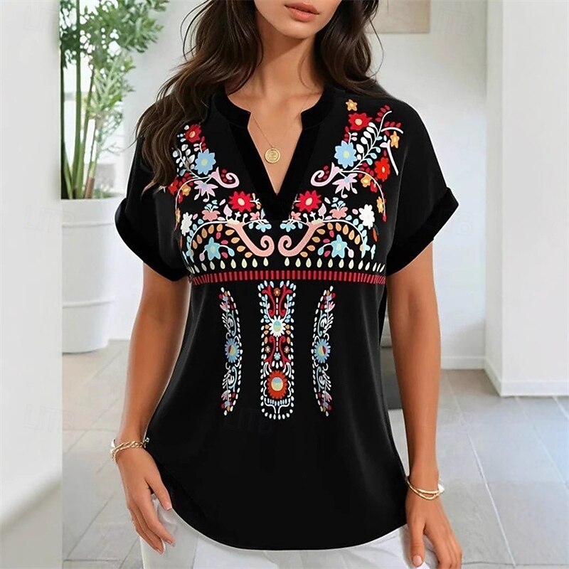 Femmes T-shirt Fleurs Mode Moderne Manche Courte Col en V Hauts Réguliers Quotidien Sortir Tenue de plage Imprimé Noir Été de 2025 ? $21.99 –P1