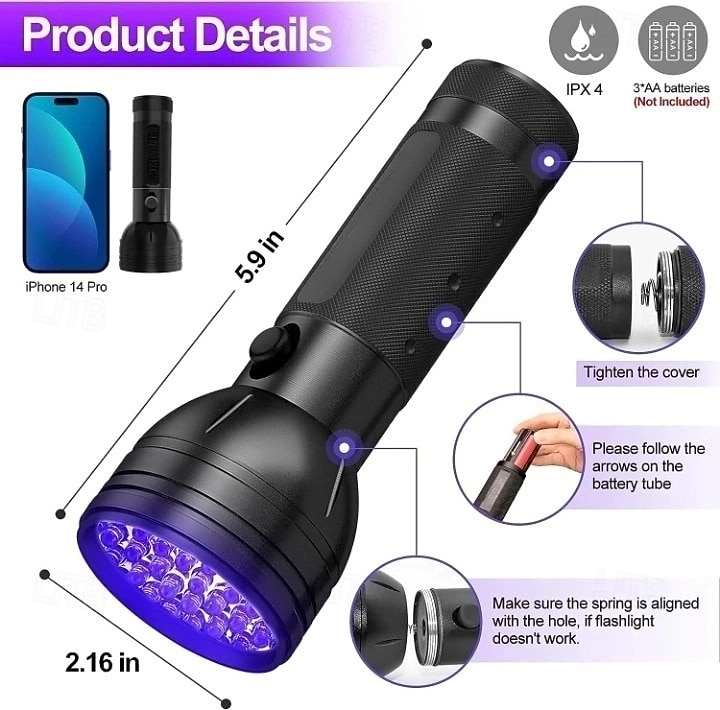 Lanterna UV com luz negra, detector de urina para animais de estimação com luz negra de 51 LEDs para urina de cães/gatos, manchas secas, percevejos, cura com resina, localizador de escorpiões de 2026 por $15.49 –P1