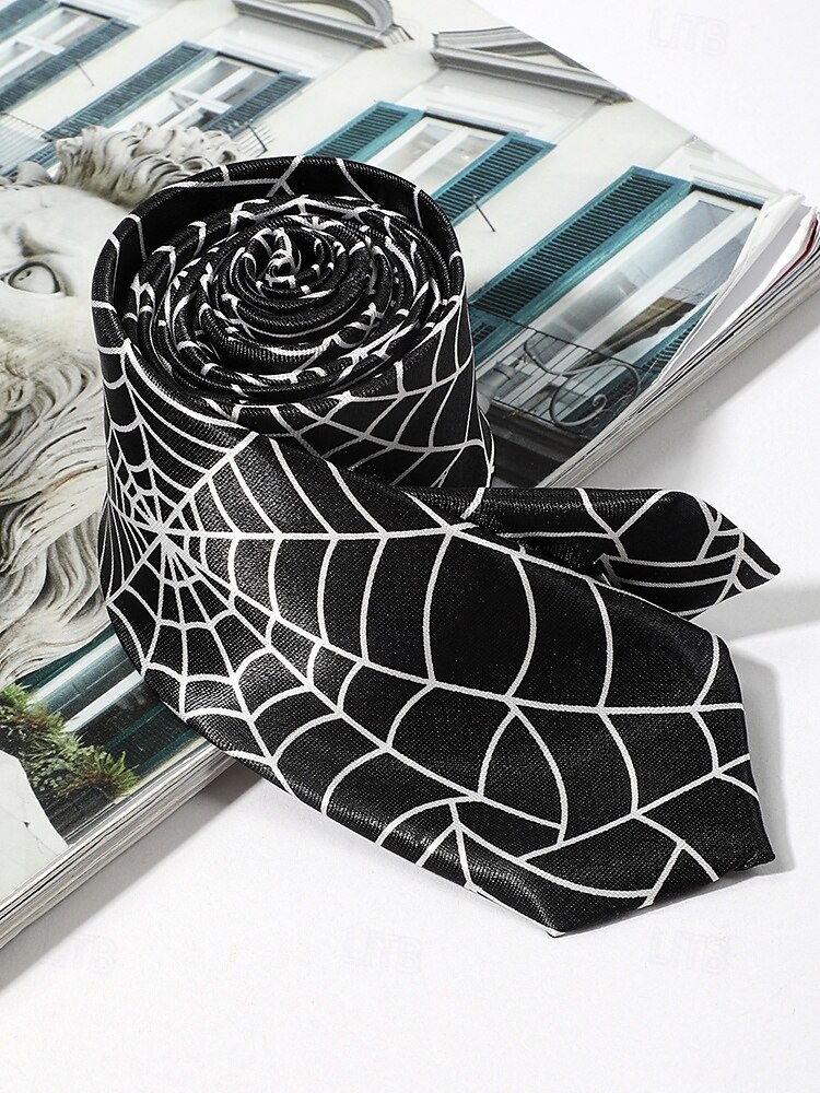 Cravatta da uomo con stampa ragnatela di Halloween – cravatta sottile in raso bianco e nero, elegante accessorio per feste, cosplay, eventi formali e abiti da ufficio per Halloween del 2025 a $9.99 –P7