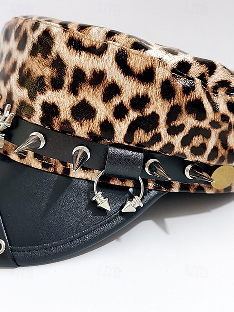 Boné militar feminino com estampa de leopardo para Halloween – chapéu gótico punk de couro sintético com pontas e tachas de aranha, acessório para festa à fantasia e cosplay para uma noite assustadora de 2026 por $14.99 –P12
