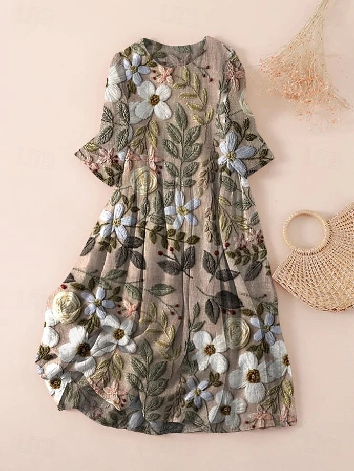 Women's Midi Dress T Shirt Dress Tee Dress A Line Dress Summer Dress Vacation Casual Beach Date Summer Dress Regular Fit Floral Graphic Short Sleeve Crew Neck Dark Brown Black White Light Green 2025 - $26.99 –P3