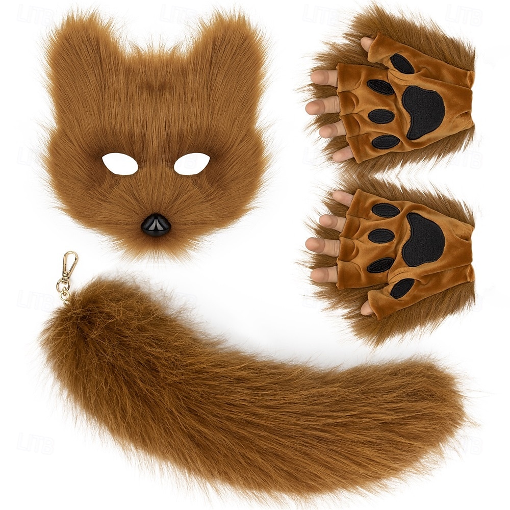 Karvainen ketunaamari, hanskat ja häntä – käsintehdyt cosplay-asusteet, eläinnaamio, häntä ja hanskat halloweeniin, juhliin ja roolileikkeihin 2025 - $43.99 –P9