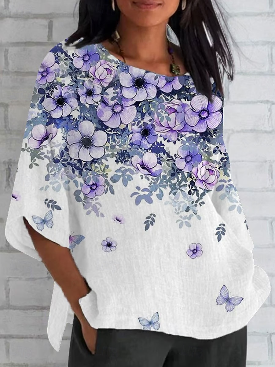 Chemisier en Lin Femme Respirant Léger Manches Longues Graphique Florale Vintage Élégant Classique Manches 3/4 Tops Réguliers Imprimé Quotidien Blanc Rose Violet Clair Violet Été Printemps Automne de 2026 ? $32.99 –P2