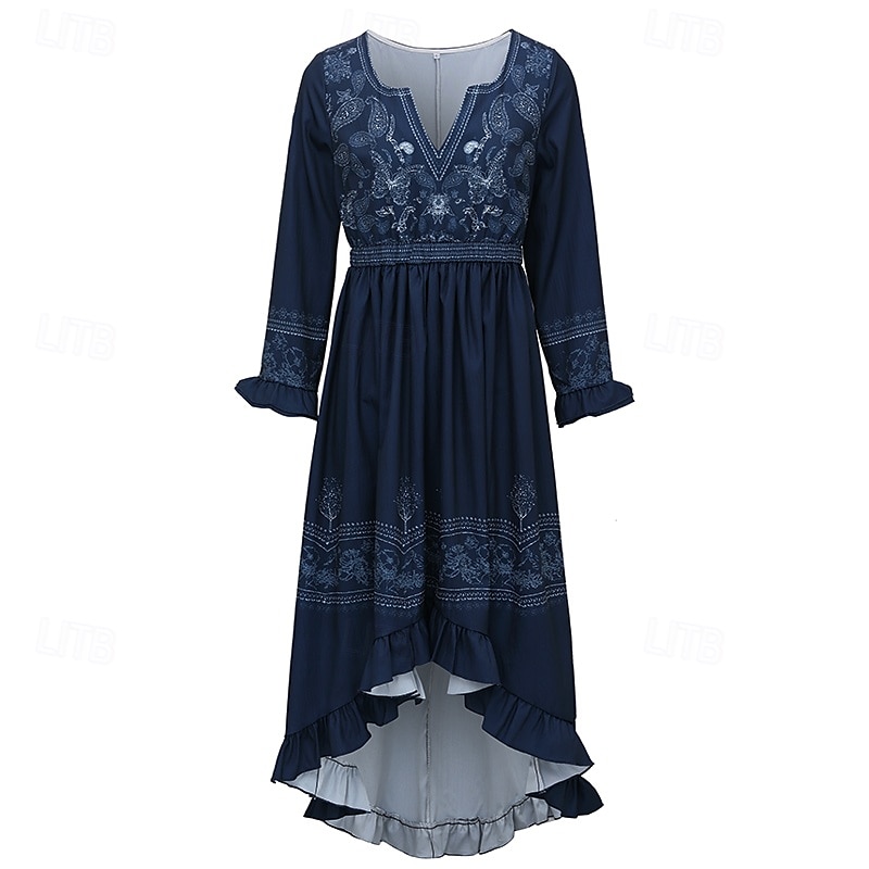 Femmes Robe Midi Robe bohème Robe occidentale Mode Classique Fête Sortir Week-end Coupe régulière Fleur manche longue Col en V Bleu de minuit Été de 2025 ? $37.99 –P4