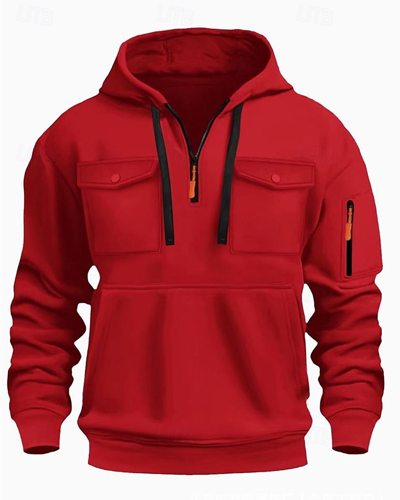 Voor heren Trui met capuchon Hoodie met kwartrits Zwart Wit Wijn Leger Groen Rood Capuchon Effen Zak Kwart ritssluiting Sport & Outdoor Dagelijks Feestdagen Polyester Streetwear Basic Casual Lente 2025 - $23.99 –P4