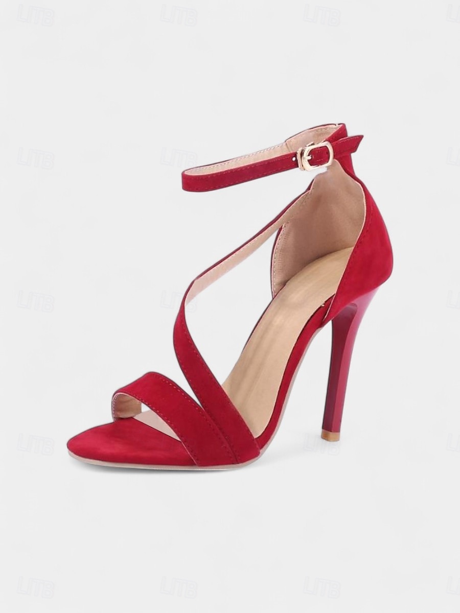 sandales à talons aiguilles en daim rouge pour femmes - talons hauts à bout ouvert avec bride à la cheville pour les soirées et les événements en club de 2025 ? $32.99 –P3