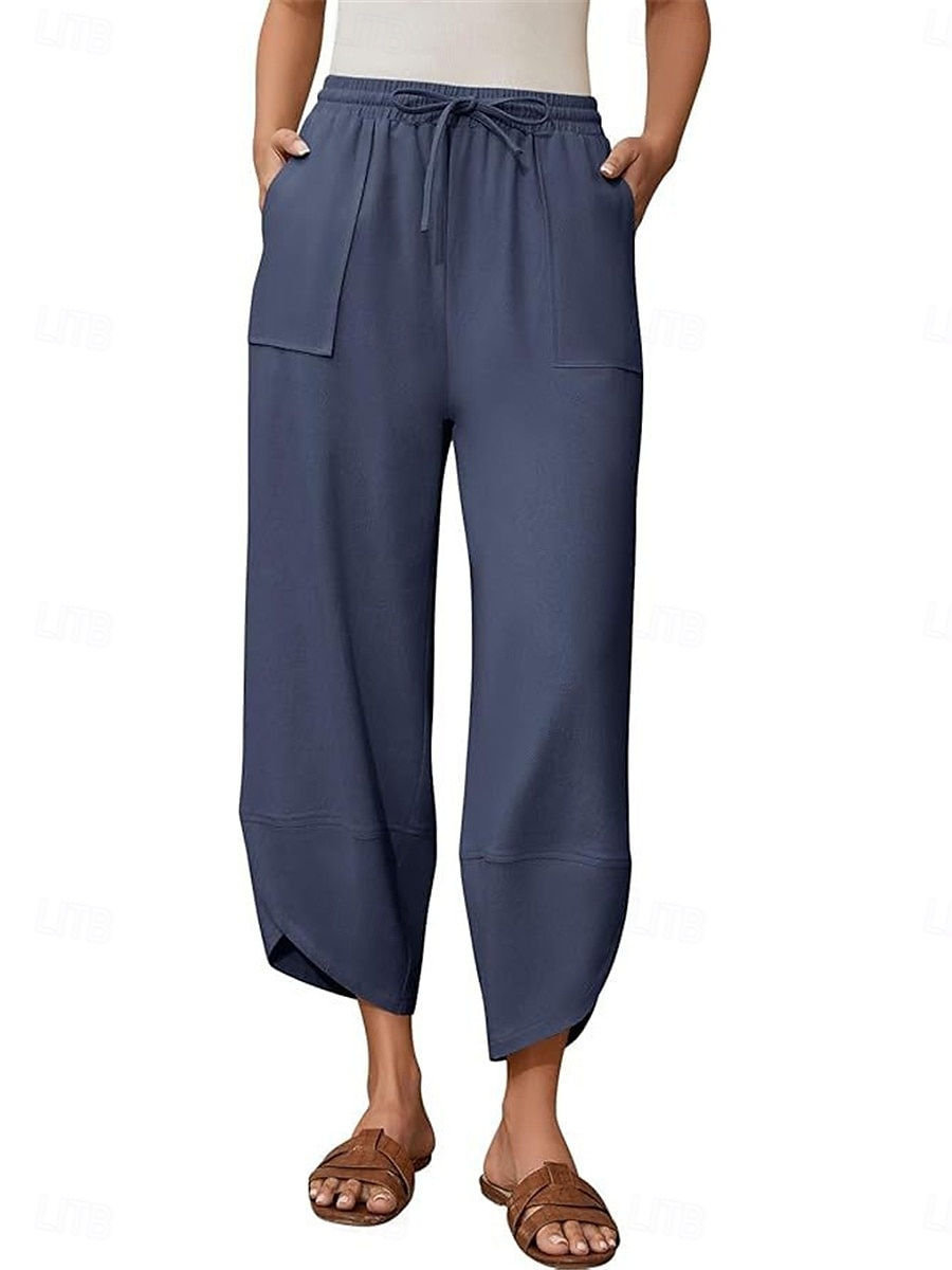 Mulheres Calças de linho de algodão chinês Moda Básico Comprimento total Cintura Alta Tecido Bolsos Com Cordão Conforto Exterior Micro-Elástica Férias Rua Diário Verde Militar Preto Azul cáqui Verão de 2025 por $23.99 –P4