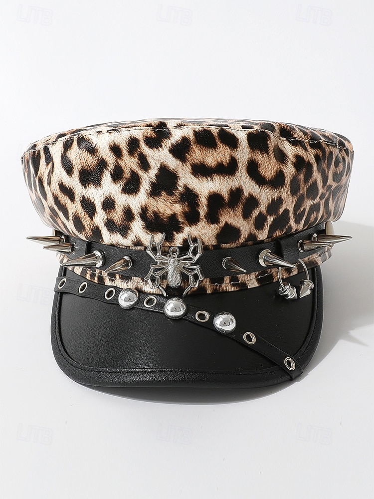 Boné militar feminino com estampa de leopardo para Halloween – chapéu gótico punk de couro sintético com pontas e tachas de aranha, acessório para festa à fantasia e cosplay para uma noite assustadora de 2026 por $14.99 –P6