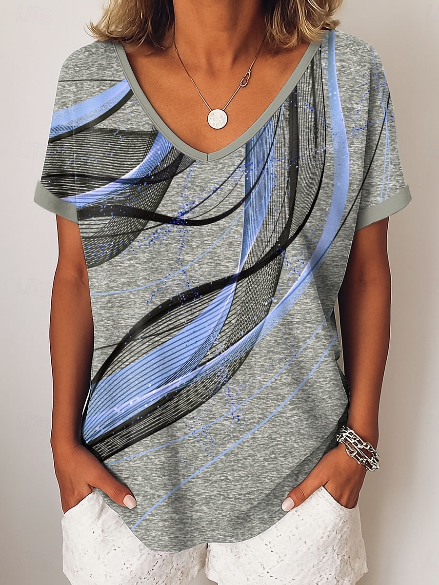 Pentru femei Tricou Grafic Abstract Epocă Stilat Modern Manșon scurt În V Topuri obișnuite Zilnic Sfârșit de săptămână Îmbrăcăminte de vacanță Imprimeu Albastru piscină Mov Auriu Trifoi Vară 2025 - $19.99 –P2
