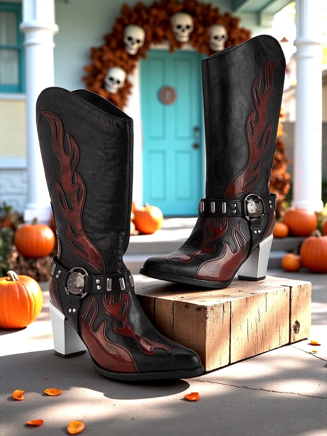 Dámské kovbojské boty v západním stylu s vyšívanými plameny - robustní podpatek, černohnědé gotické boty do půli lýtek na Halloween, hudební festivaly a rodeo. 2025 - $79.99 –P4