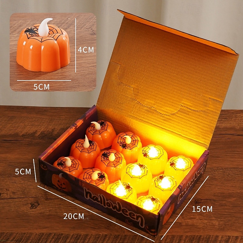 12 candele elettroniche a forma di zucca di Halloween con faccia di ragno, per interni ed esterni, per decorazioni di feste, atmosfere luminose del 2025 a $15.99 –P6