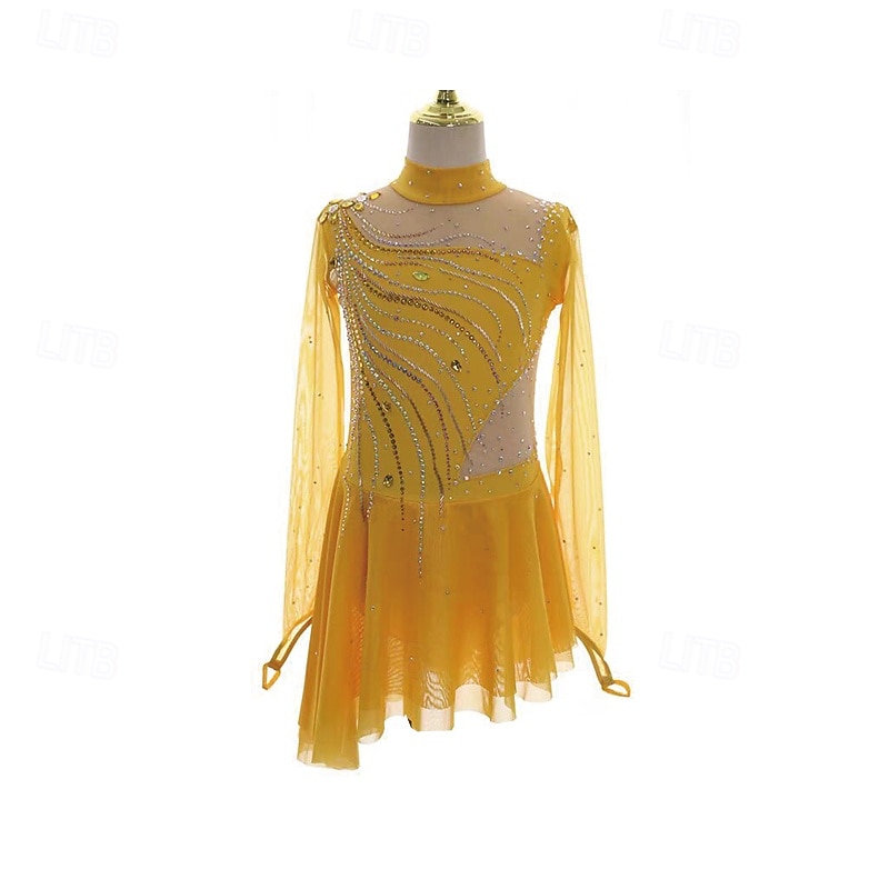 Figure Skating Dress Women's Girls' Ice Skating Dress Yellow Patchwork Thumbhole Mesh Spandex Stretchy Training Practice Professional Skating Wear Thermal Warm Crystal / Rhinestone Long Sleeve Ice 2026 - $244.09 –P1