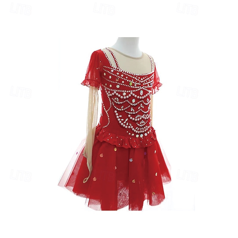 Eiskunstlaufkleid Damen Mädchen Eislaufen Kleid Rot Patchwork Daumenloch Netzstoff Spandex Dehnbar Training Übung Professionell Eiskunstlaufkleidung Thermowarm Kristall / Strass Langarm Eislaufen 2025 - $180.99 –P4