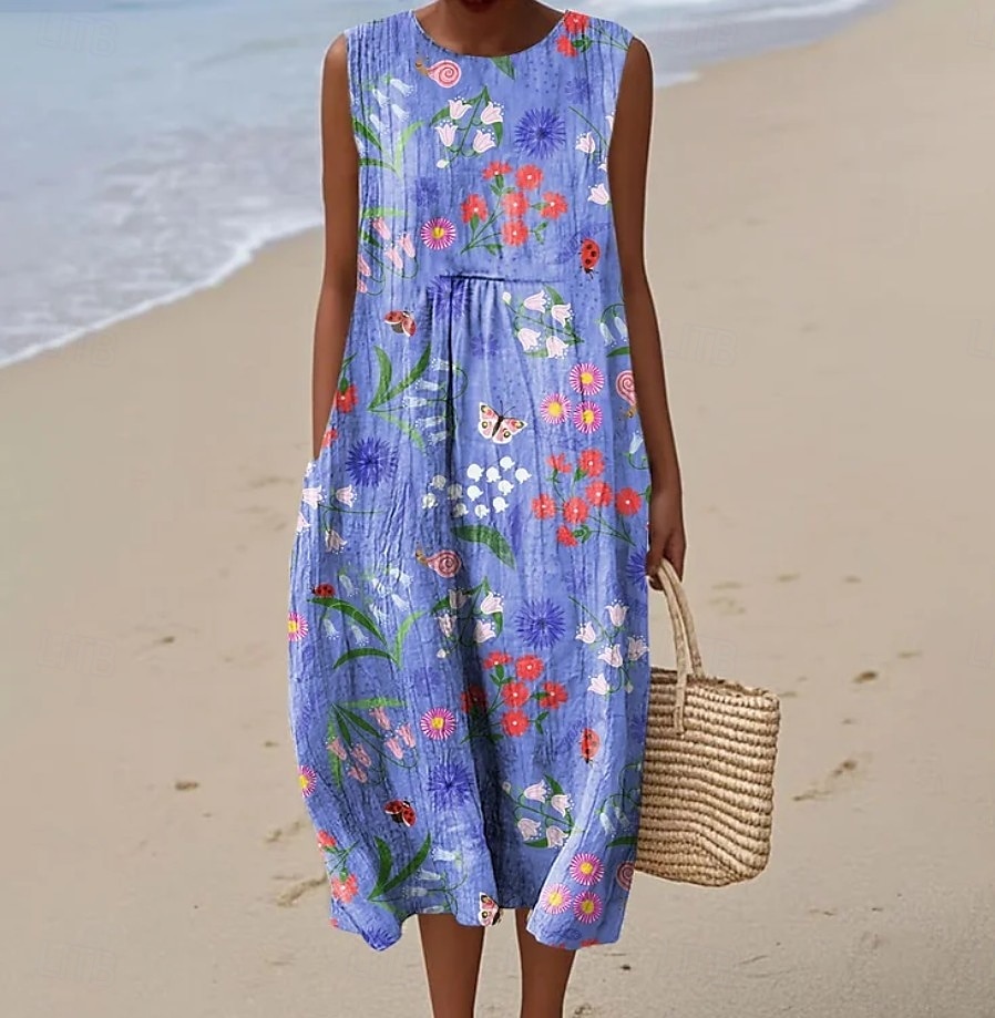 Dam Midiklänning Solklänning Skiftklänning A linjeklänning Semester Ledigt Boho Utekväll Strand Lös passning Blommig Grafisk Ärmlös Rund halsringning Rodnande Rosa Purpur Grön Naturvit Sommar Vår 2025 - $35.99 –P4