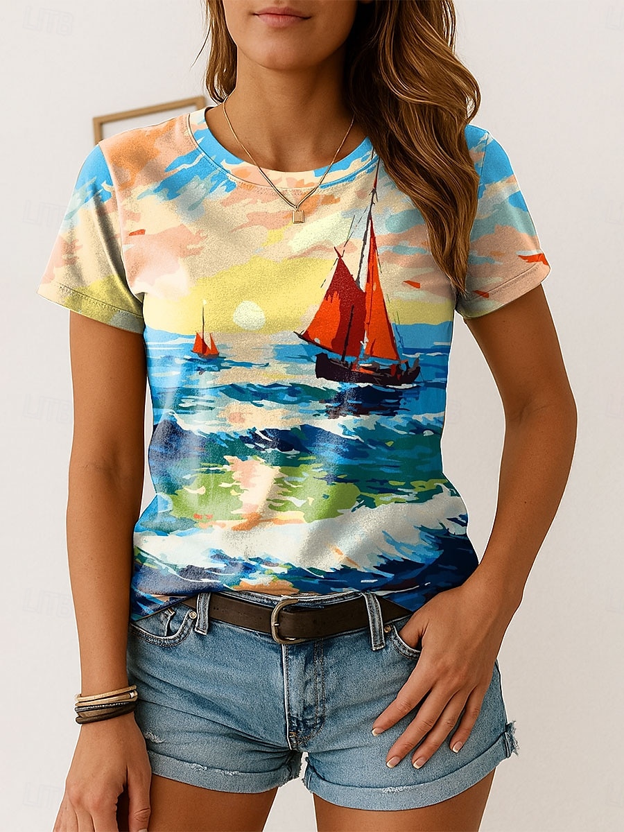 Dame T skjorte Nyanse Grafisk Årgang Stilfull Klassisk Kortermet Crew-hals Vanlige topper Daglig Helg Trykt mønster Gul Blå Lilla Sommer Vår 2025 - $19.99 –P1